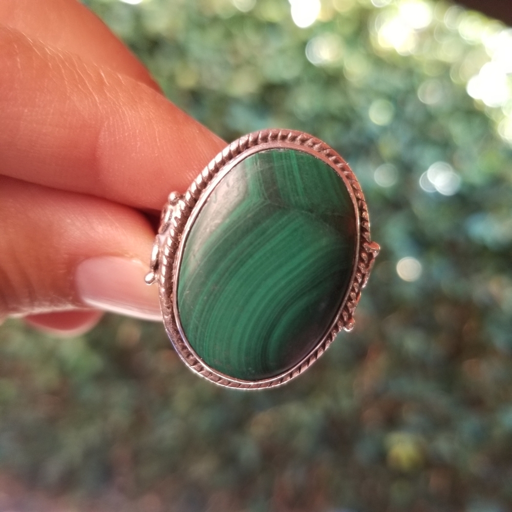 Large Oval Malachite Silver Ring - image 1